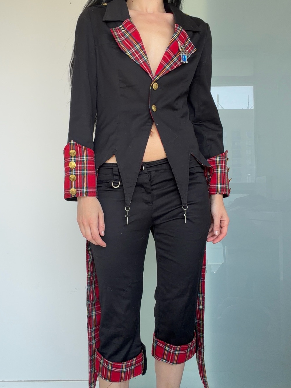 Black Jacket with Red Plaid Lining - Women's Tailored Coat